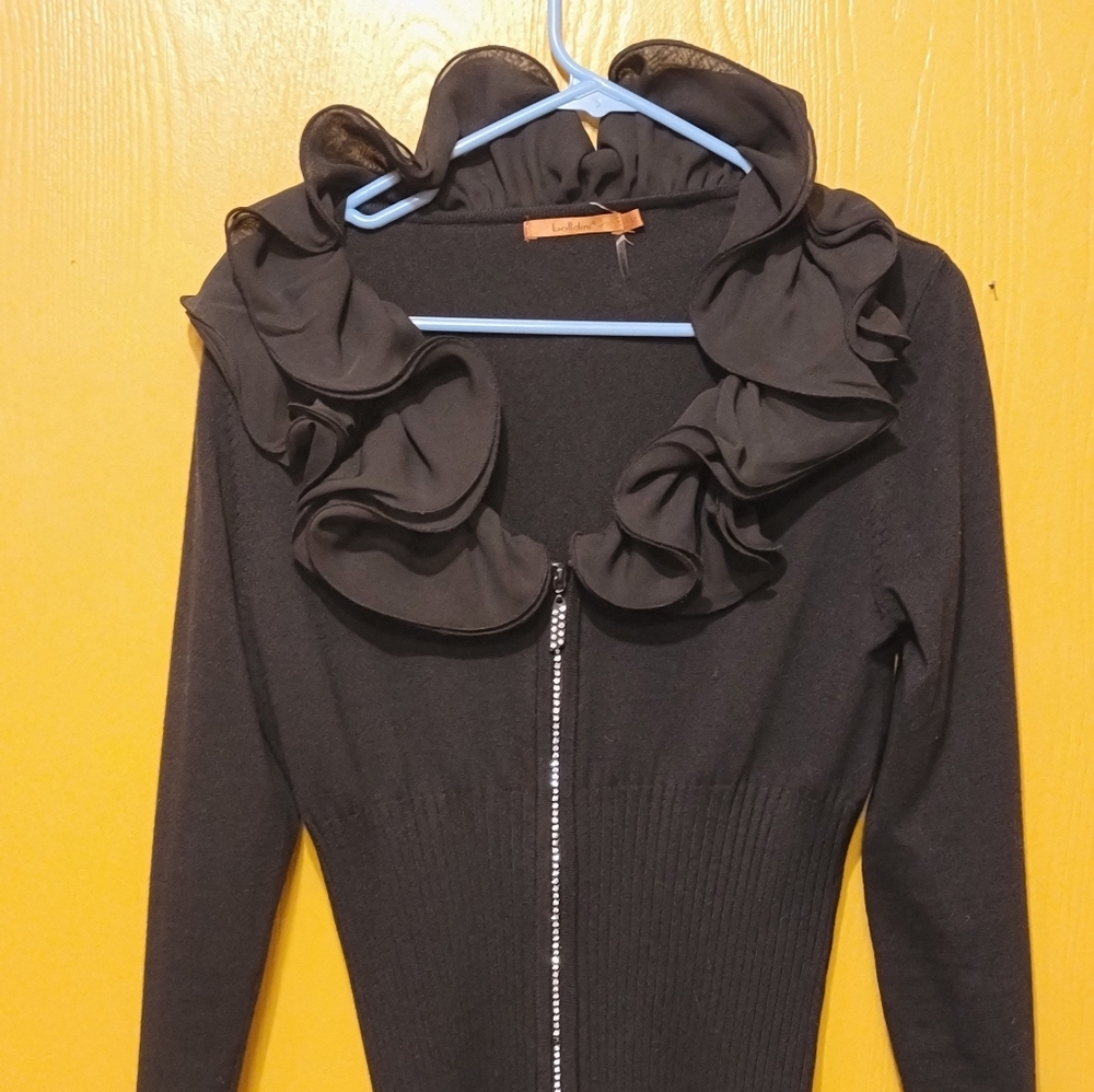 Belldini Rhinestone Zipper Ruffled Sweater.  - Picture 3 of 7